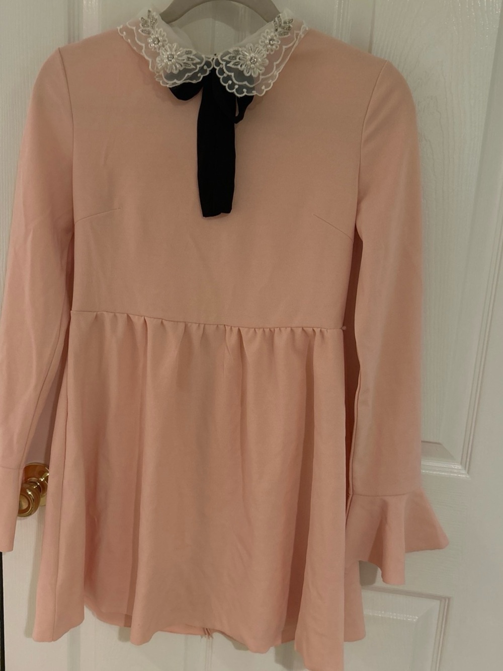 SHEIN Pink Long-Sleeve Dressy Top with Lace Collar and Black Bow